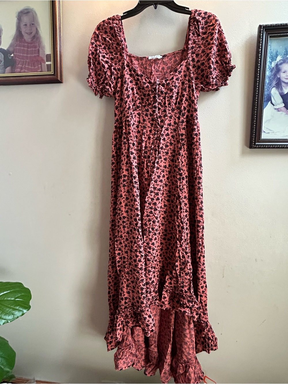 Coral Floral Maxi Dress with Black Print